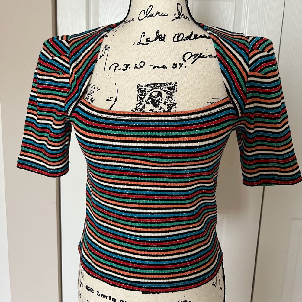 DEREK LAM CROSBY Jade Striped Ribbed Knit Top Multicolor Puff Shoulder SZ S/P